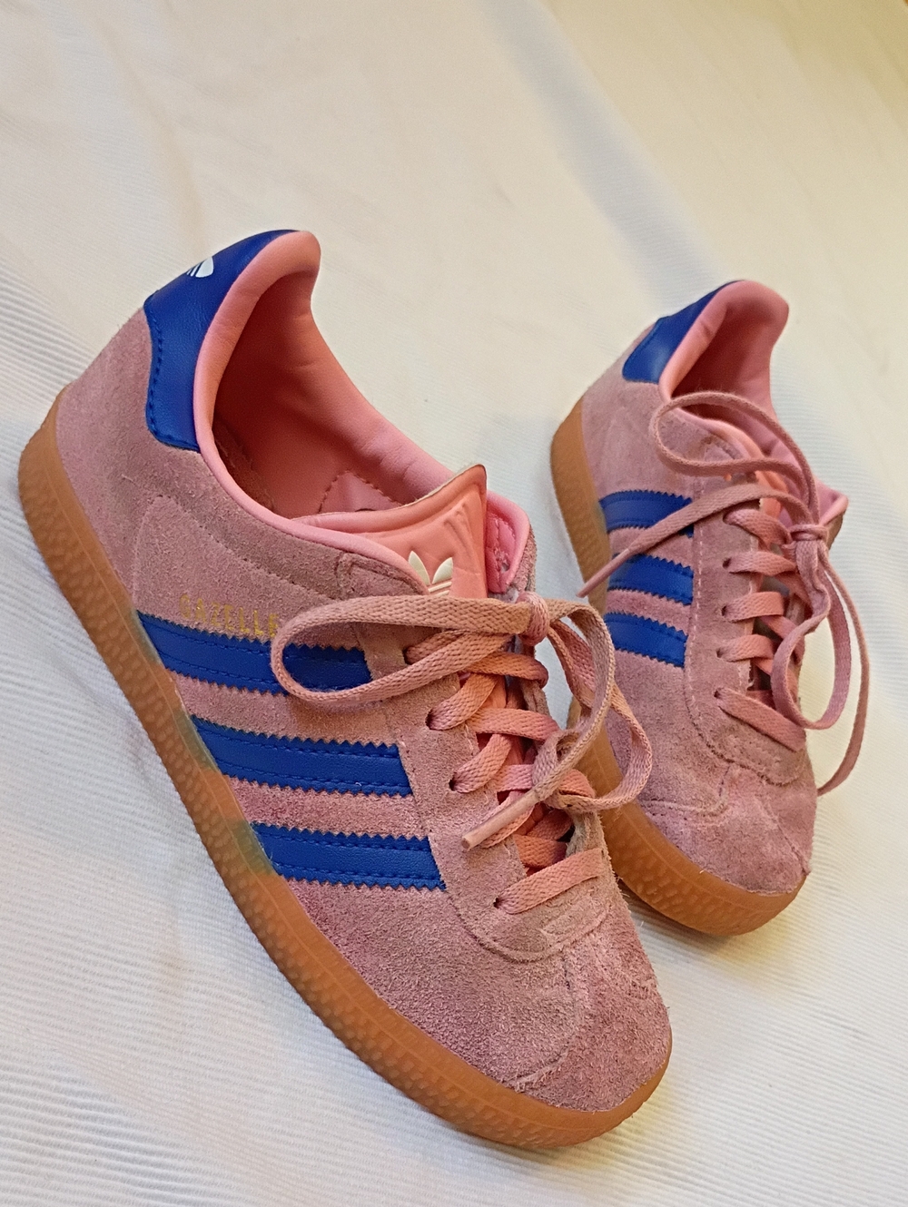 adidas Gazelle Kids Pink Suede Sneakers with Blue Stripes